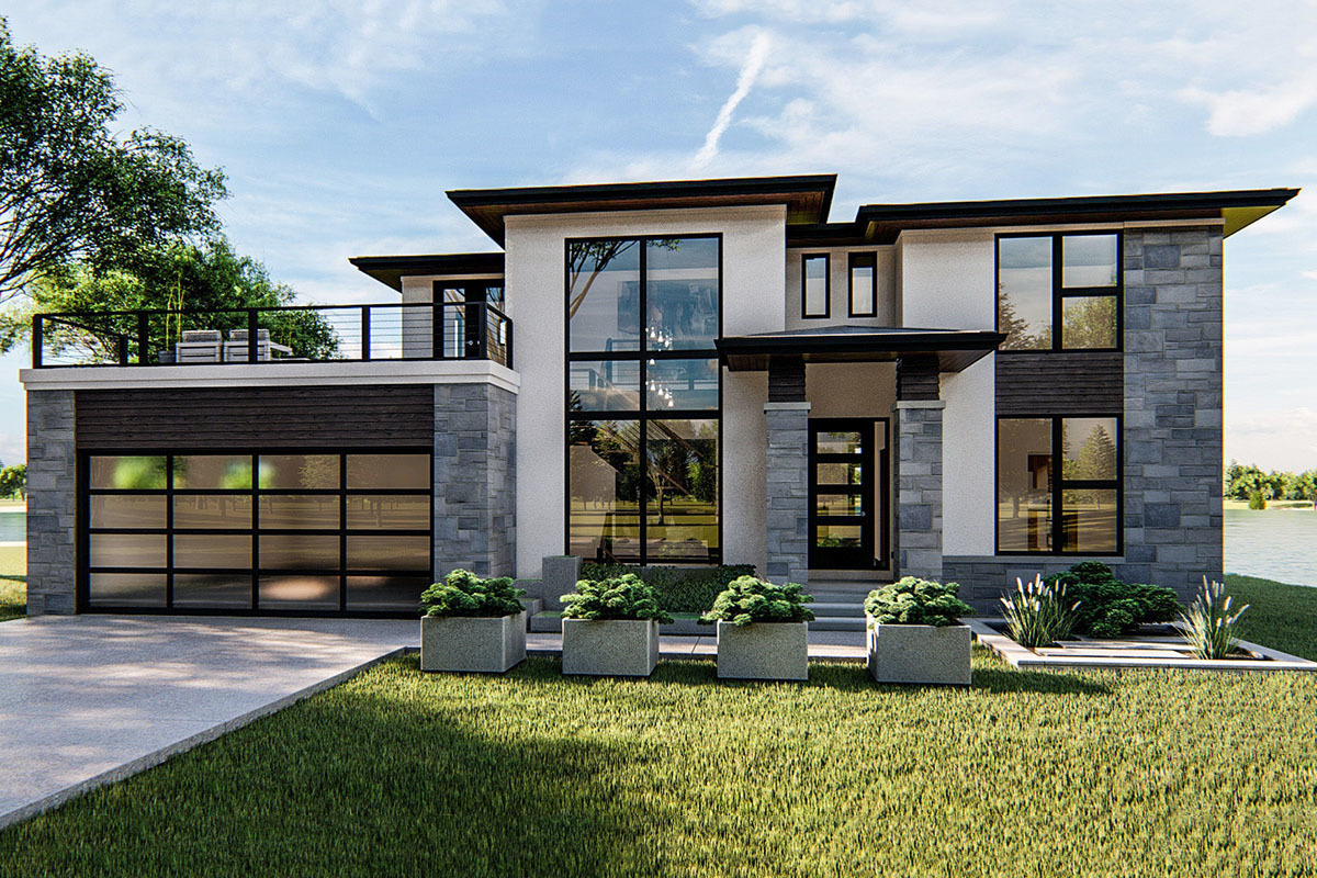 A newly built modern custom home with clean lines and landscaped grounds
